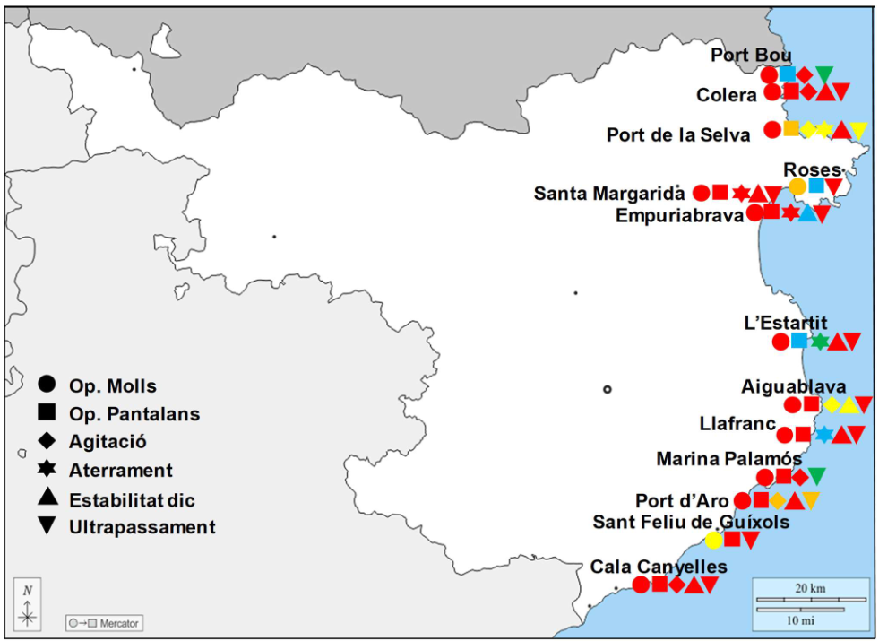 Map of risks in the North Port Zone, RCP8.5 scenario and horizon 2100, with types of risks, from very low risk (green) to very high risk (red). ©Pla d’adaptació al canvi climatic dels ports de Catalunya (2023), page 307.
